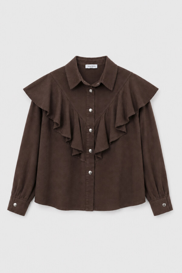 95056 Shirt Ruffled Denim Shirt Brown