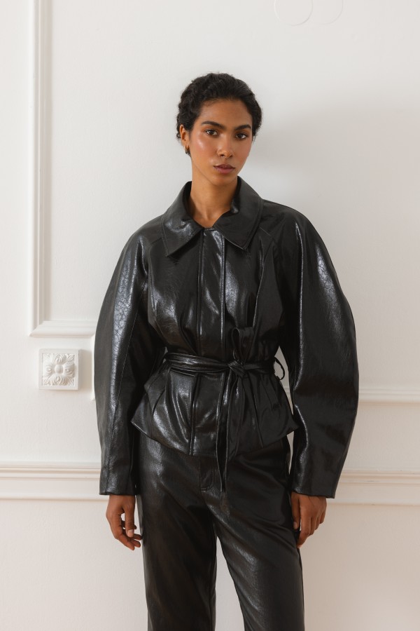 LD5963 Jacket Imitation Leather with Belt Black