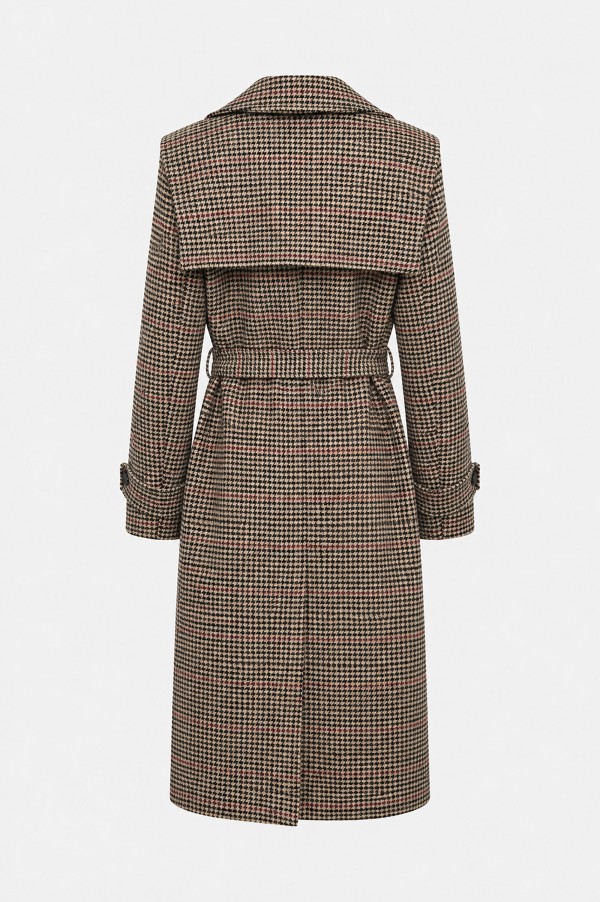 Y0270 Płaszcz W Kratę Z Wiązaniem Brown