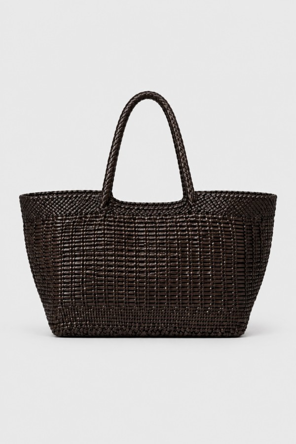 Khaki Woven Leather Shopper Bag