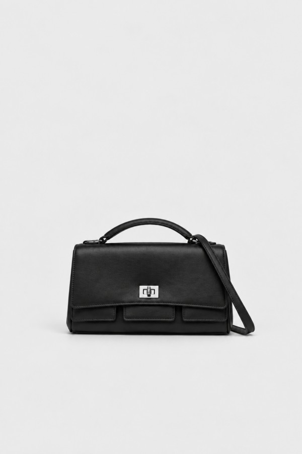 Black Leather Shoulder Bag with Clasp