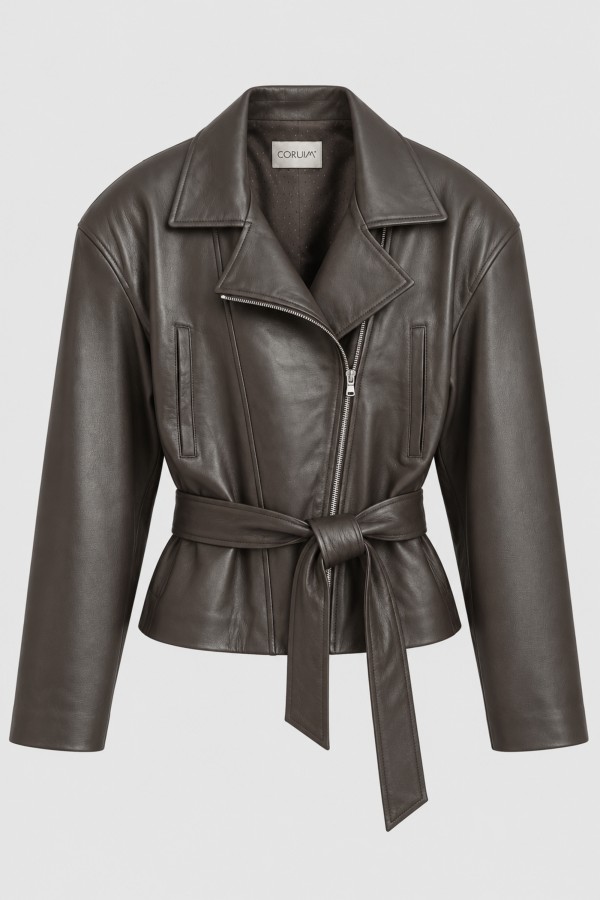 Patrice Belted Leather Jacket Brown
