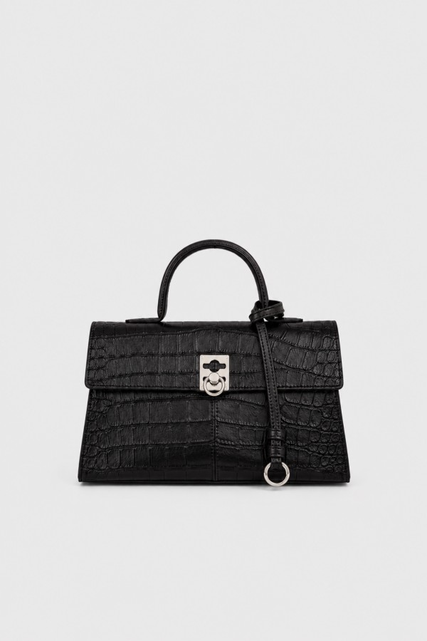 Black Embossed Leather Bag with Metal Clasp