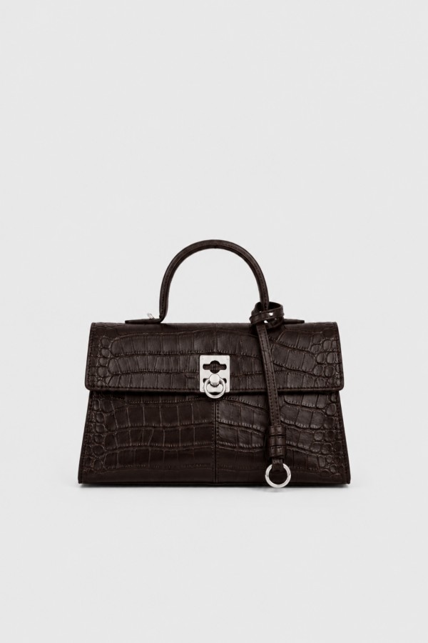 Embossed Leather Bag with Metal Clasp Brown