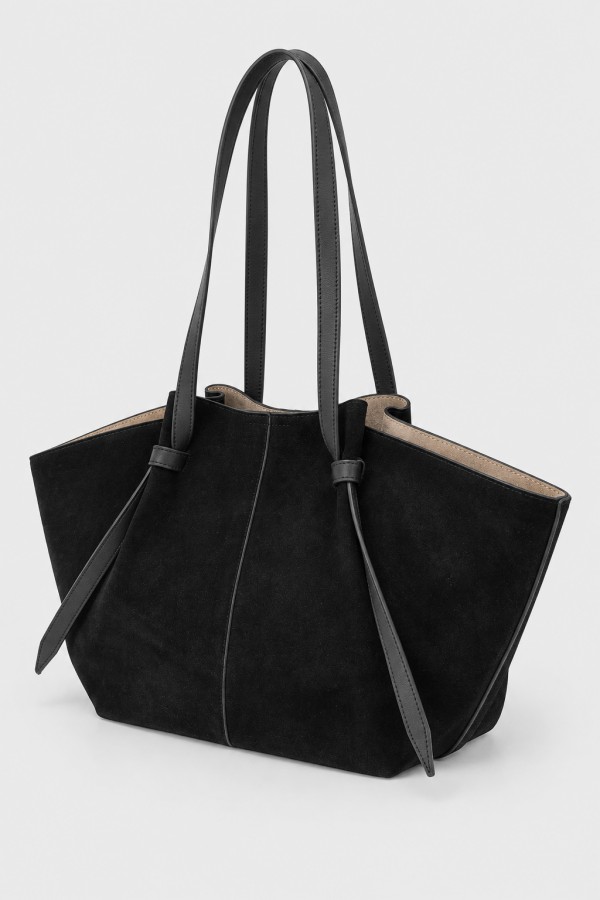 Suede Leather Shopper Bag Black