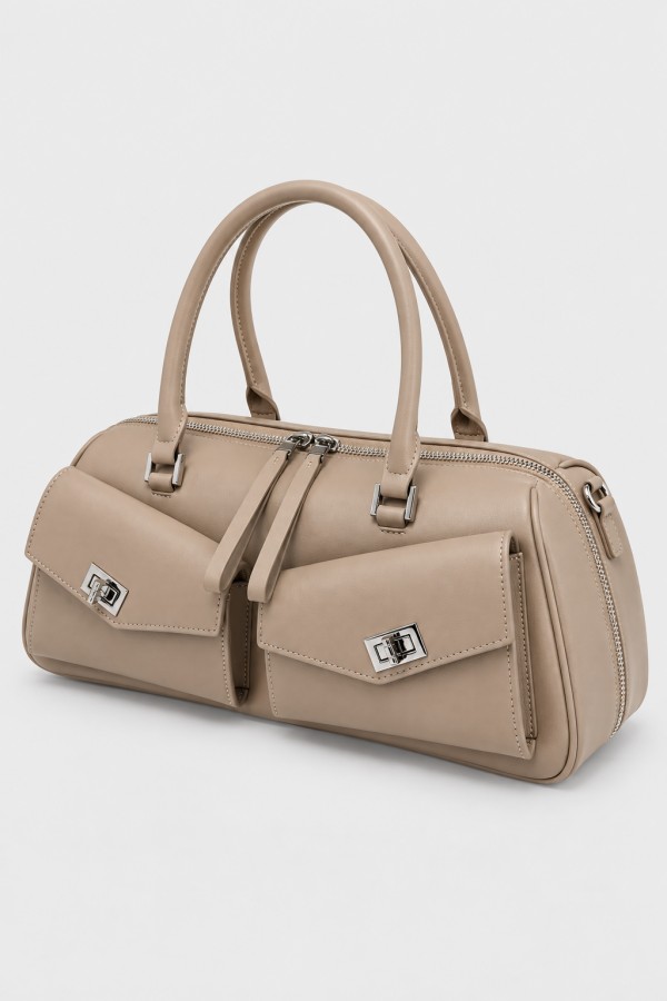 Cappuccino Leather Bowling Bag with Pockets