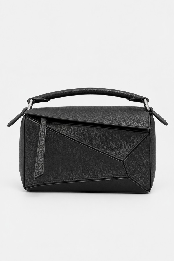 Leather Handbag with Flap and Handle Black