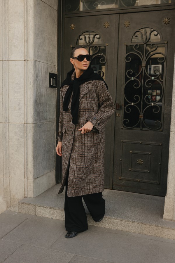 8813 Coat Wool Checked Brown