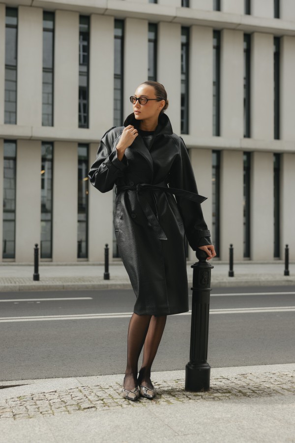 8846 Black Faux Leather Coat with Ties