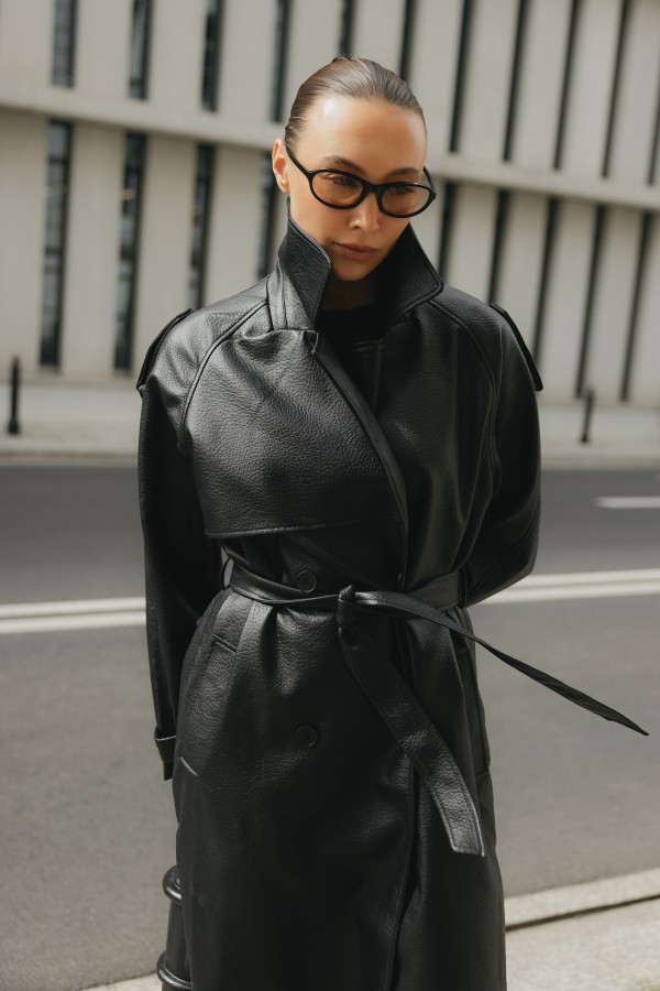 8846 Black Faux Leather Coat with Ties