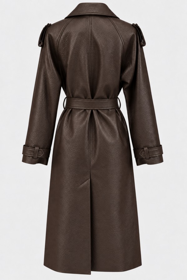 8846 Coat with Ties Faux Leather Brown