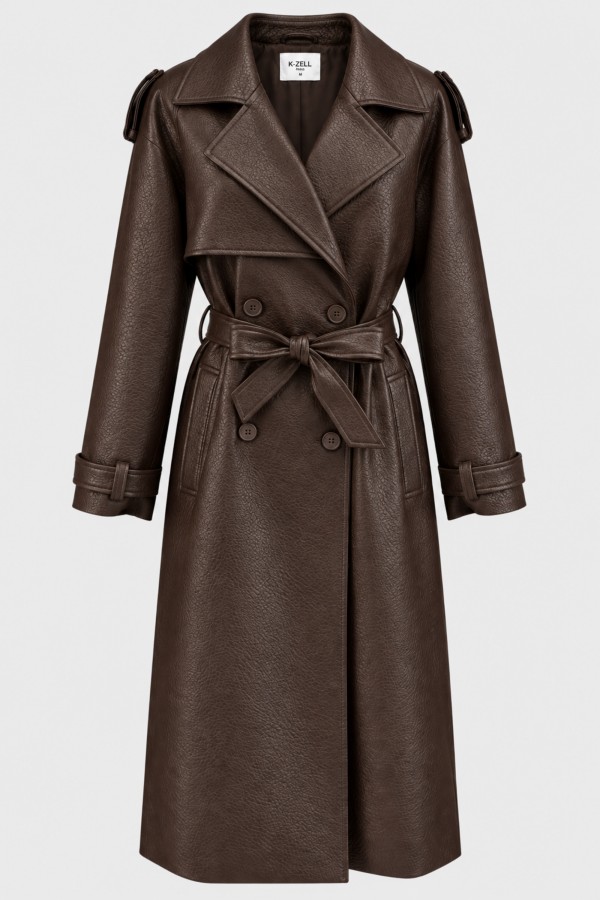 8846 Coat with Ties Faux Leather Brown