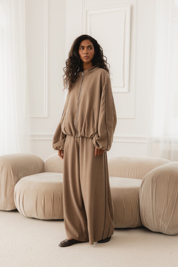 G03863 Spodnie Wide Leg Z Lampasami Taupe
