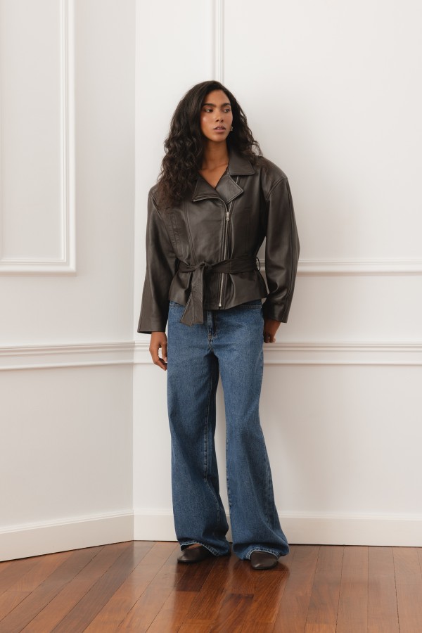 Patrice Belted Leather Jacket Brown