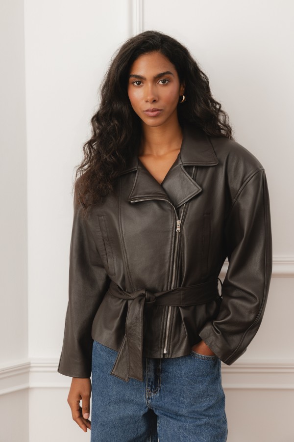 Patrice Belted Leather Jacket Brown