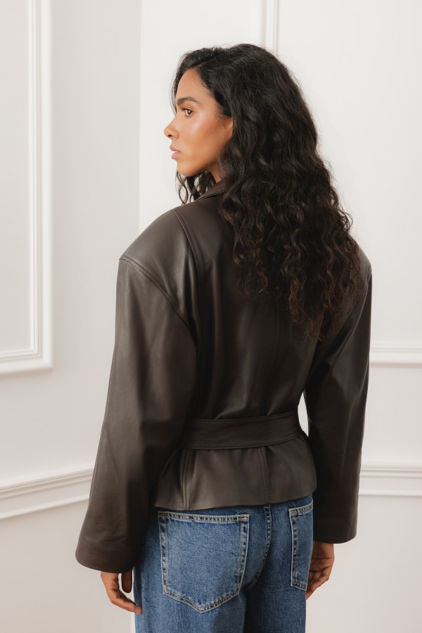 Patrice Belted Leather Jacket Brown