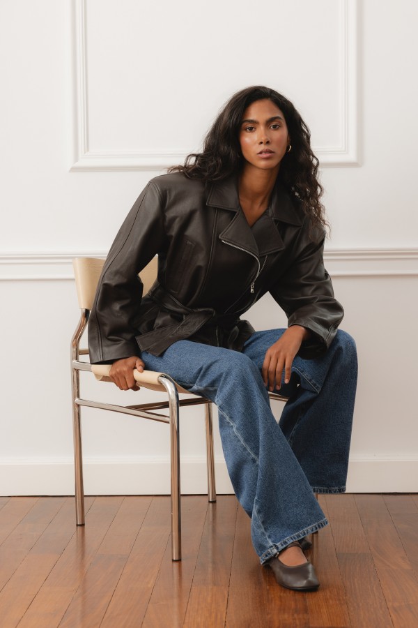 Patrice Belted Leather Jacket Brown